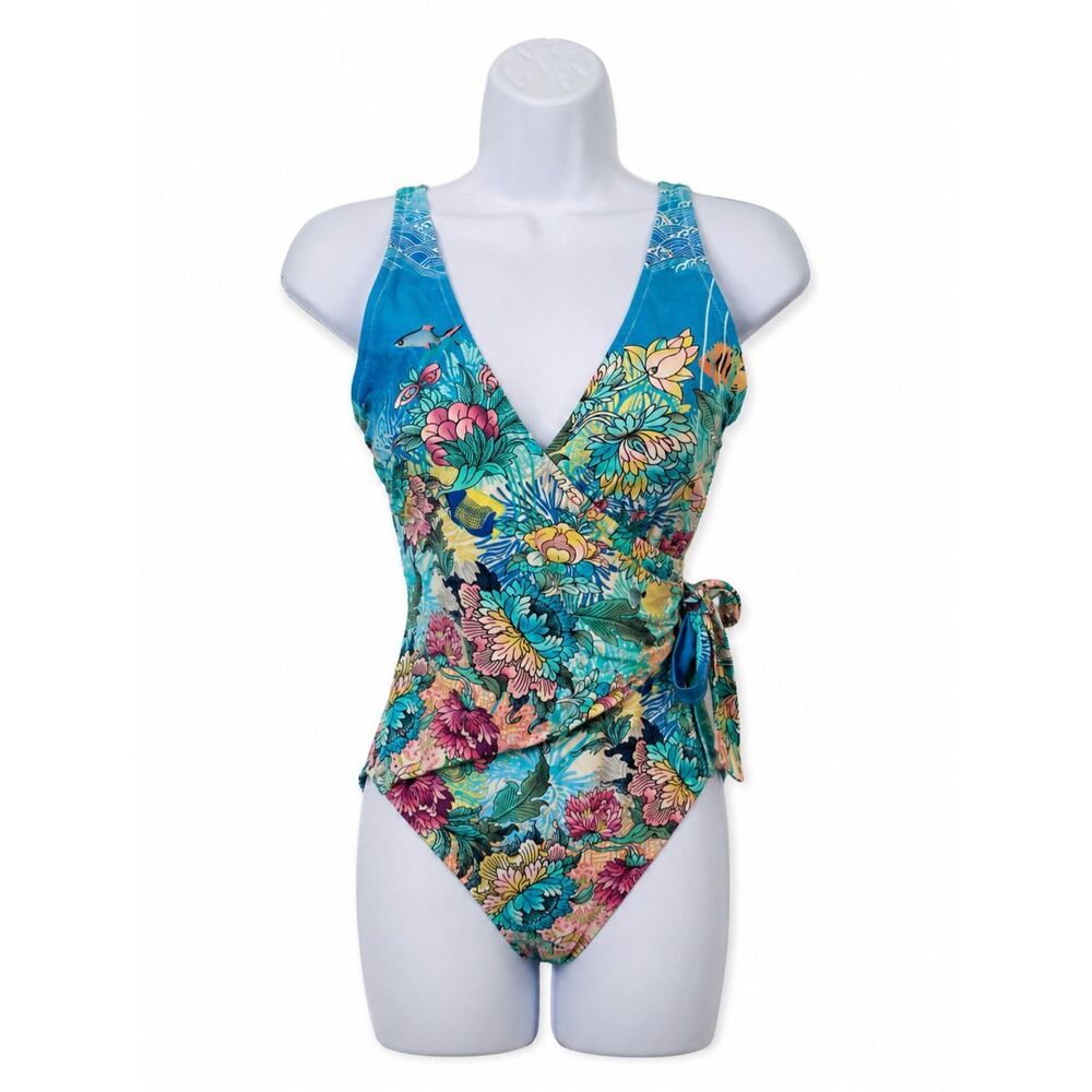 Johnny Was One Piece Swimsuit XS Tropical Floral Fish Print Wrap Front Tie Waist